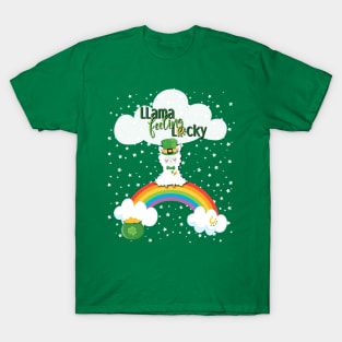 St. Patrick's Day Llama Feeling Lucky , Rainbow, Clouds & Stars on Green T-Shirt